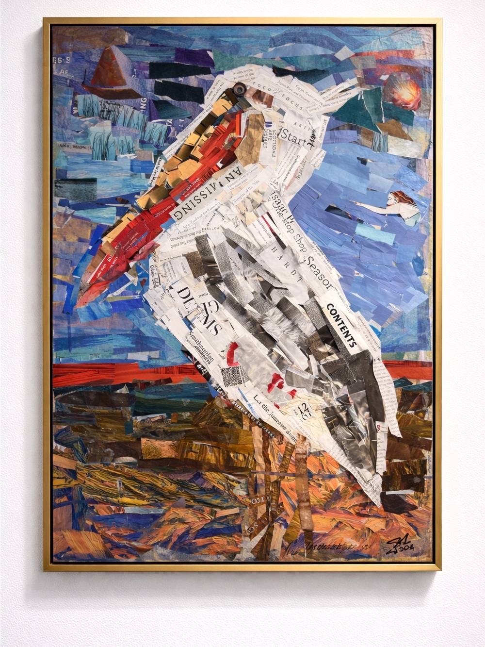 Collage Pelican Wall Art - Blue, White & Red Mixed Media